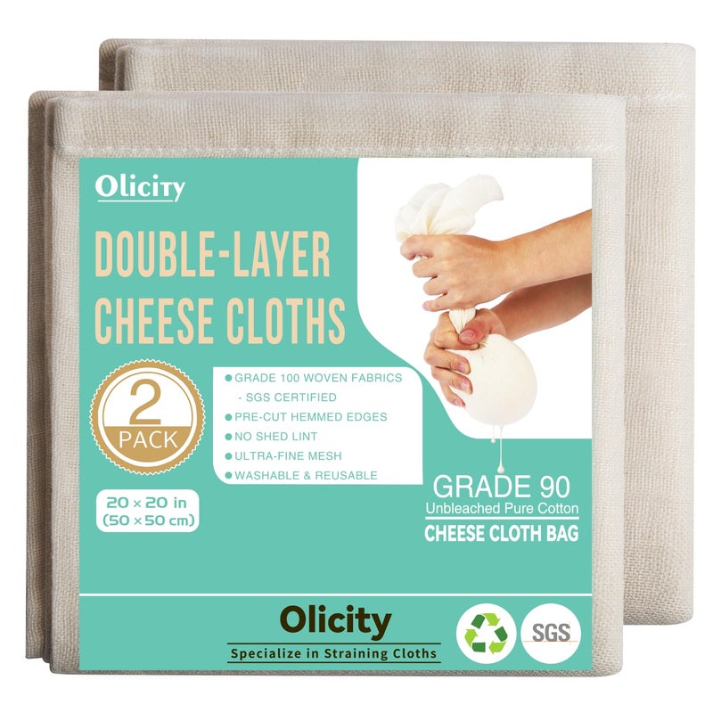 Olicity Cheese Cloths, 2PCS, Double-Layer, 20x20Inch, Reusable Grade 90 Cheese Cloth Bag for Straining, Hemmed Unbleached Cotton Precut Fine Mesh Muslin Cheesecloth for Juicing, Butter, Canning - Image 1